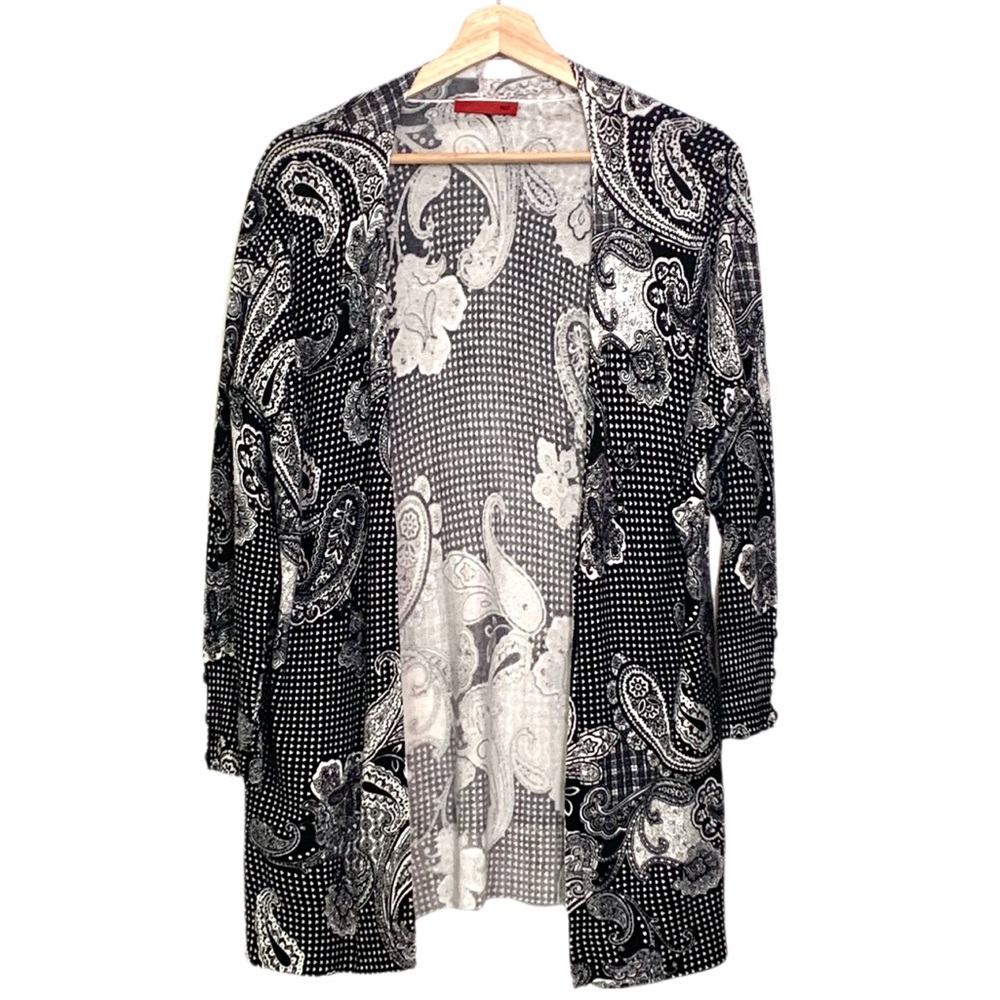 Open Front Black and White Paisley Cardigan Sweater Size Large Waterfall